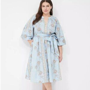 Lane Bryant Long Blouson-Sleeve Notch Neck Midi Dress, Floral, Size 18, like new